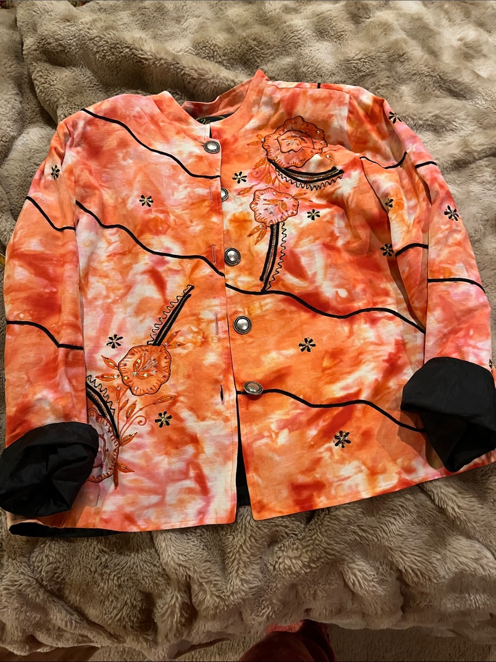 Alex Mill Orange Floral Button-Front Jacket with Black Trim